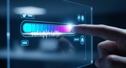 Person's finger interacts with a futuristic holographic progress bar displaying data