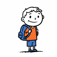 Fototapeta premium A cartoon drawing of a young boy with a blue backpack, wearing an orange shirt and blue shorts, standing and smiling.