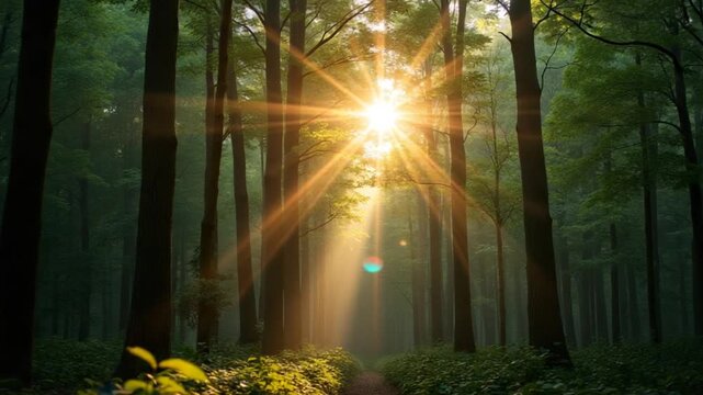 Sun beams through thick trees branches in dense green forest