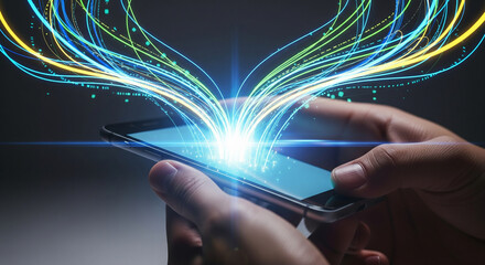 Hands holding a smartphone with vibrant energy streams flowing upwards, symbolizing digital connection and data transfer.
