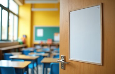 Open classroom door blank poster notice board. Classroom interior features rows of desks, blue chairs, green blackboard. Natural light streams through large windows. Scene perfect for educational