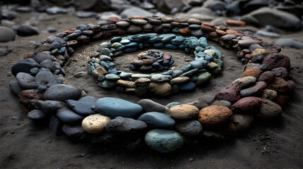 Stone spiral on black sand beach