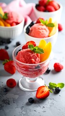 Pink sorbet with fresh fruit toppings