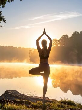 Young woman doing yoga at sunrise by a calm lake, gentle mist rising, vertical video, smooth subtle camera pan
