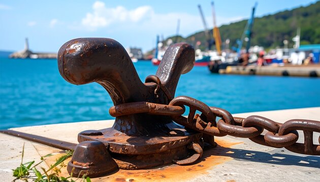 Rusty mooring bollard with chains
