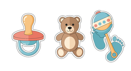 Set of cute cartoon baby care icons with a pacifier, teddy bear, and rattle for a newborn announcement or shower invitation