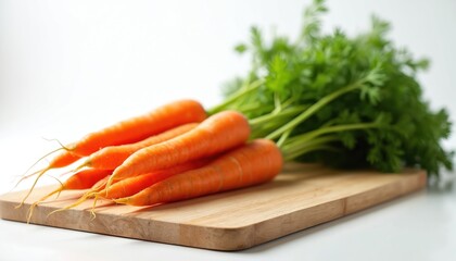 Fresh carrots with green leafy tops arranged on rustic wooden board against clean white background. Vibrant orange roots, verdant greens suggest healthy, natural harvest, perfect for culinary