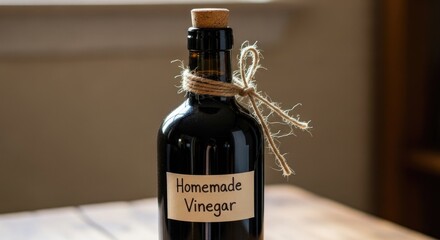 A dark glass bottle of homemade vinegar tied with twine and a label.