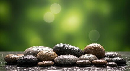 A serene pile of wet smooth stones with water droplets against a blurred green nature background.