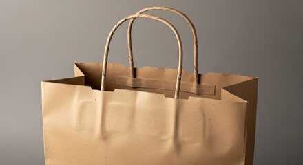 A simple brown paper shopping bag with handles on a plain background.