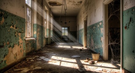 Abandoned Hospital Corridor With Sunlight Rays Through Windows.