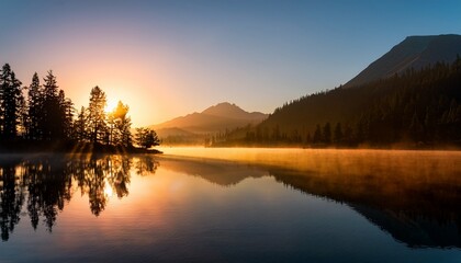 Fototapeta premium Golden Sunrise Over A Misty Mountain Lake Reflecting Peaks And Silhouetted Trees On A Calm Water Surface