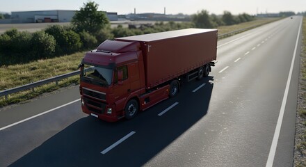 Truck on the Highway: A semi-truck travels on an open highway, symbolizing the movement of goods, travel, and transportation industry. The perspective is taken in the high angle.