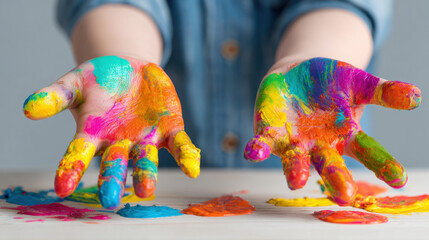 Colorful hands covered in vibrant paint showing creativity and artistic expression with splashes of color on a wooden surface in a well-lit indoor setting.