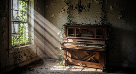 Abandoned Piano in Decaying Room with Sunlight Streaming Through Window.