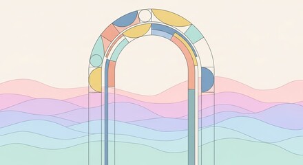 Abstract Archway Design with Colorful Geometric Shapes and Pastel Background.