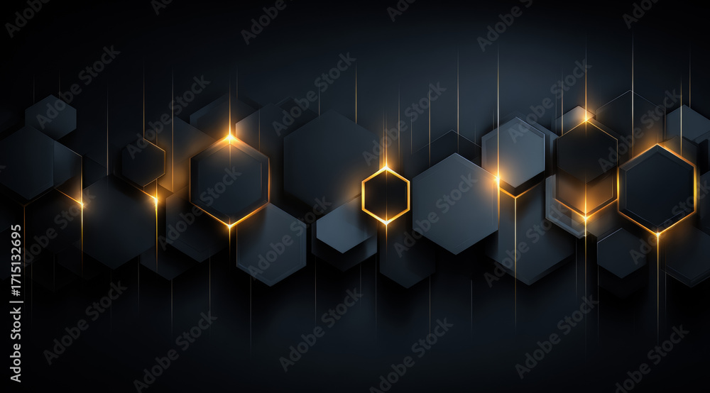 Poster black and gold background with many hexagons. the hexagons are lit up and appear to be glowing
