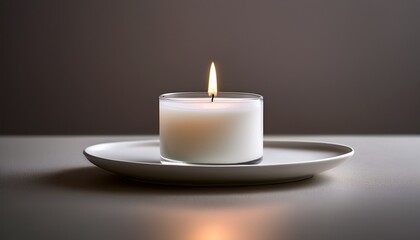 A Serene White Candle Glowing Softly In A Minimalistic Plate Creating A Warm Ambiance And Tranquil Atmosphere Perfect For Relaxation And Contemplation