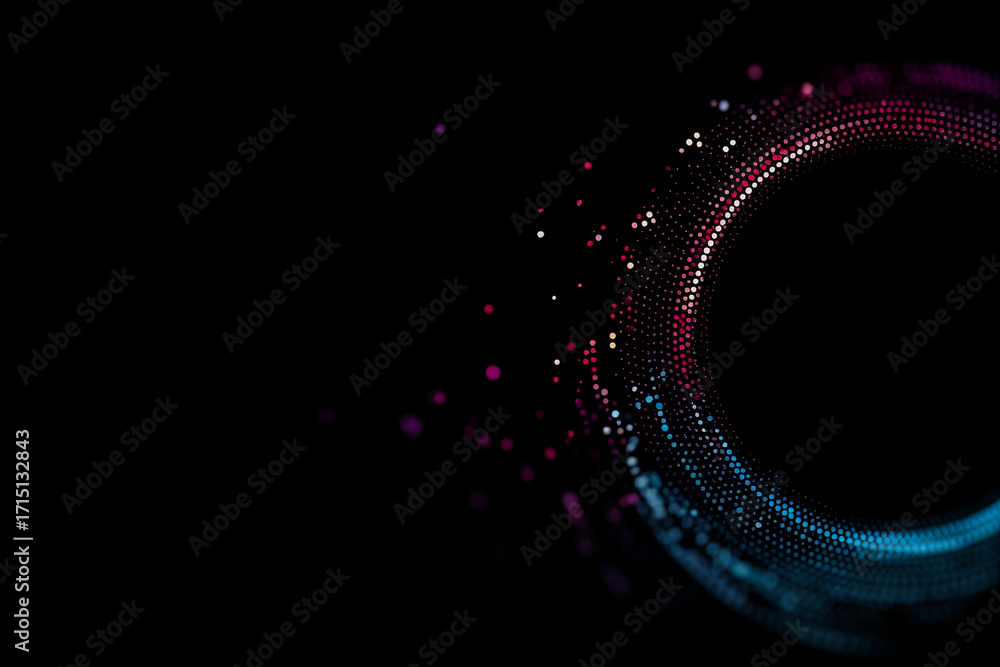 Poster Black background with a colorful circle in the center. The circle is surrounded by a lot of dots