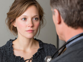 Concerned woman ening to doctor's advice during a medical consultation in a bright indoor environment conveying a sense of empathy and professionalism.