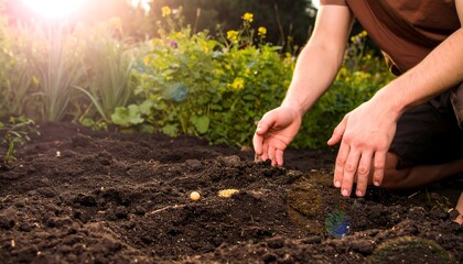 Person planting potatoes in garden