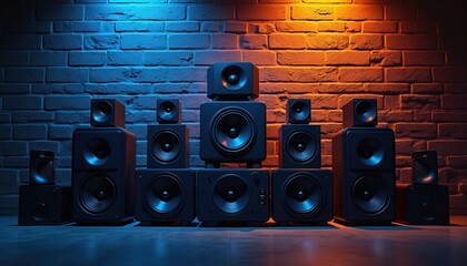 Illustration shows speaker system with multiple loudspeakers, woofers. Backed by brick wall with blue, orange lighting. High fidelity audio equipment for music, concerts, studios. Powerful sound