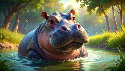 Gentle hippopotamus in a sunlit riverbank scene