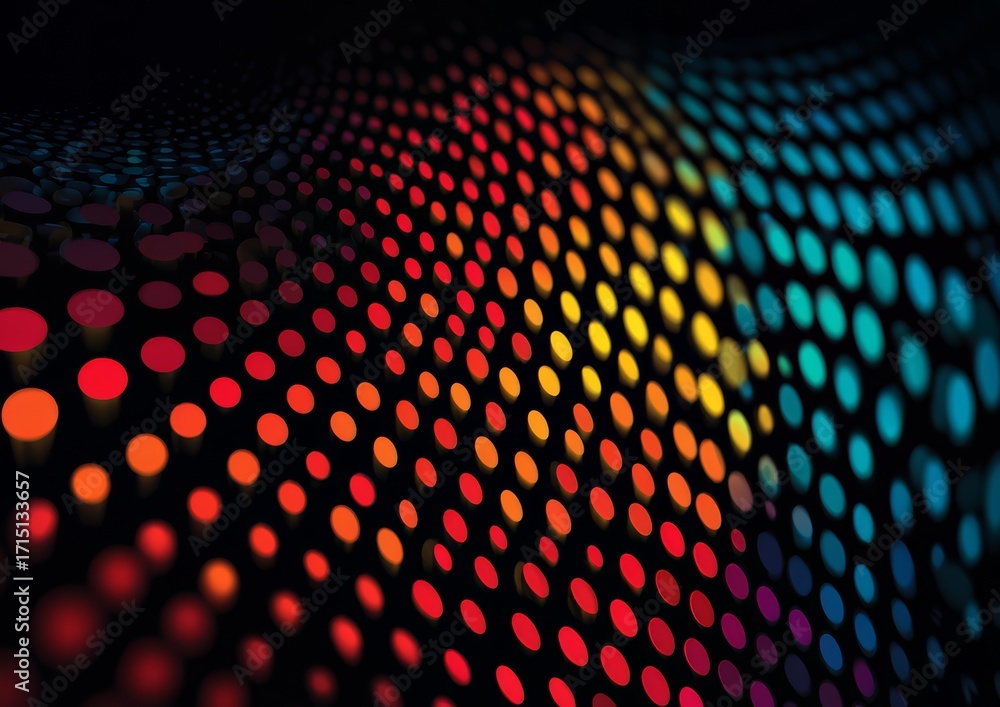 Poster colorful pattern of dots is displayed in a black background. the dots are of various sizes and color