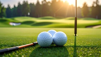 Golf balls and club on the putting green at sunrise