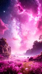 Pink, starry, otherworldly landscape