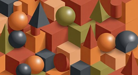 Abstract Geometric Shapes Composition with Cubes Spheres and Pyramids.