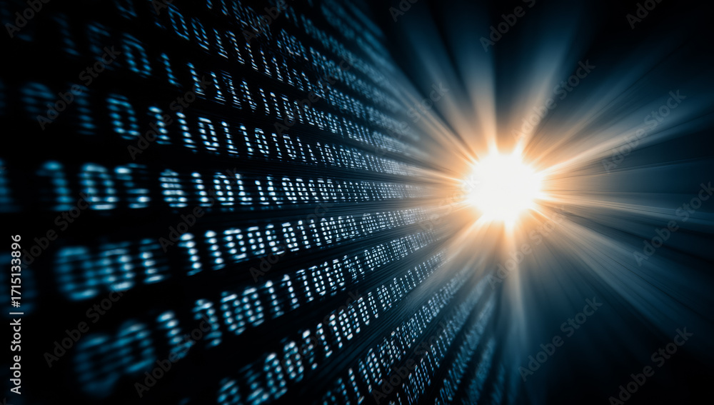 Poster computer screen with a bright light shining through the numbers. concept of technology and innovatio