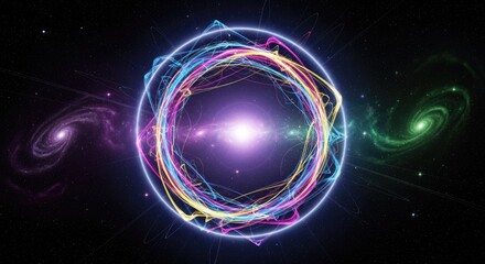 Abstract glowing circle in space with vibrant colors and cosmic elements.