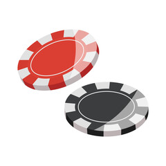 Two colorful casino chips, red and black, isolated on white background, flat graphic style, concept of gambling and betting. Vector illustration