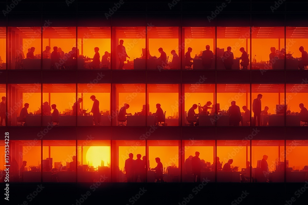 Poster Group of people are working in an office building with many windows. The sun is setting. Scene is one of productivity
