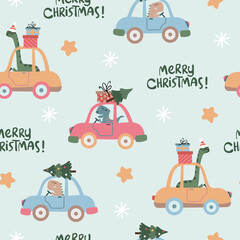 Winter Christmas dinosaurs in the road seamless pattern. Adorable Dinos on a blue background. Holiday illustration.	