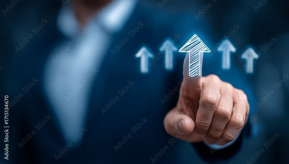 Aufkleber man is pointing at a blue arrow with a white background. concept of progress and upward movement