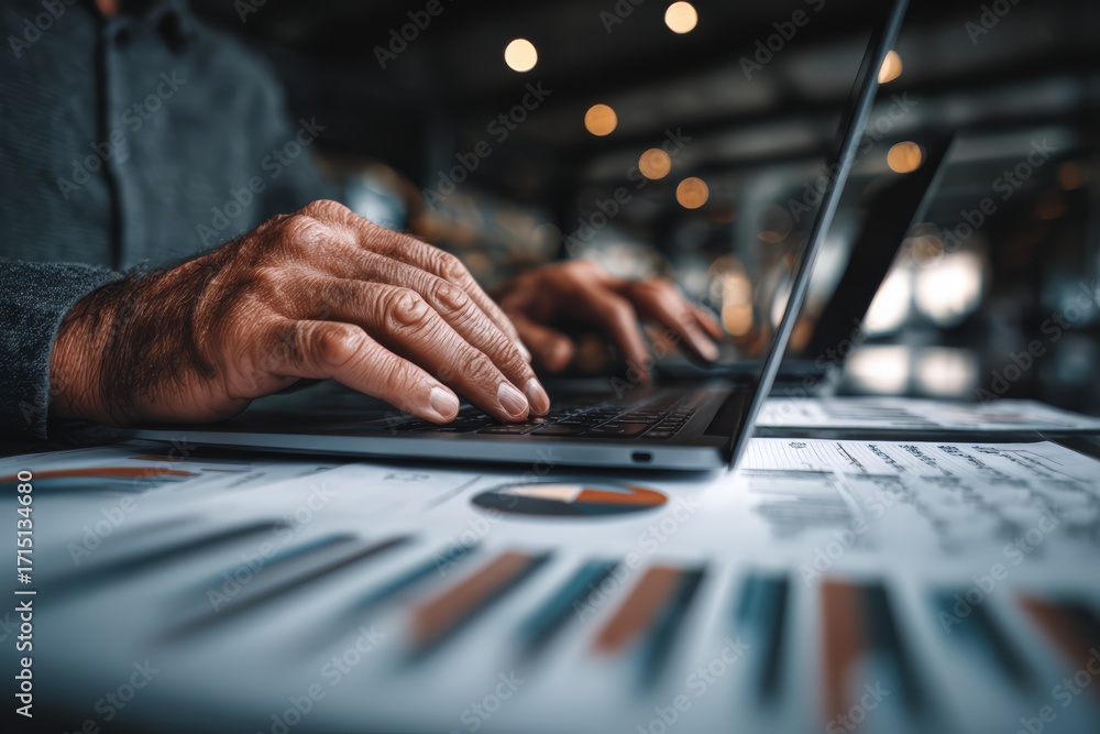 Poster man is typing on a laptop in front of a table with a lot of graphs. the man is focused on his work
