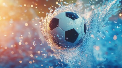 Naklejka premium Dynamic motion of soccer ball with water splash in an energetic visual