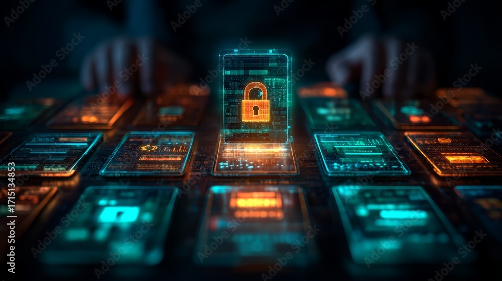 Poster Person is looking at a computer screen with a glowing lock icon. Concept of security and protection