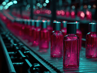 Bright pink perfume bottles arranged in a symmetrical line on a conveyor belt with soft blue lighting creating a vibrant and modern industrial atmosphere.