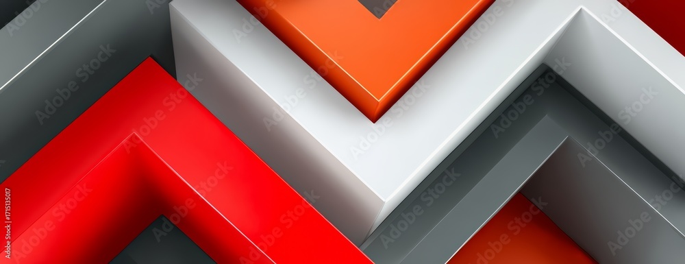 Poster red and white design with a black border. the design is made up of squares and triangles