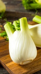 Fresh fennel bulbs on wooden board