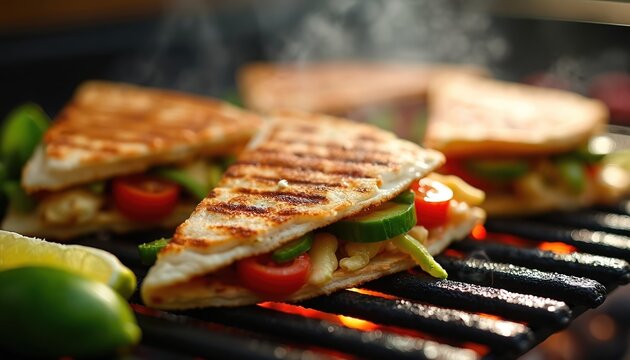 Close-up of grilled quesadillas sizzling on barbecue grill. Features fresh ingredients like avocado, tomato, cucumber, vibrant peppers within warm, toasted tortillas. Served with lime wedges, savory - Powered by Adobe