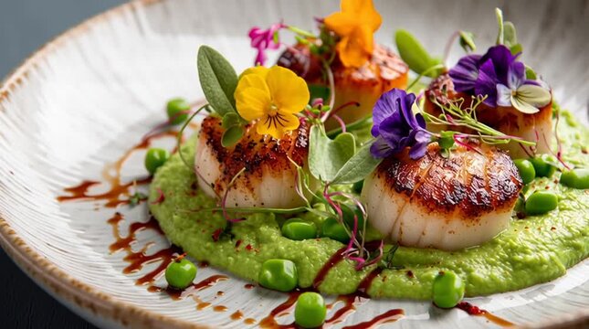 Seared scallops on pea puree garnished with edible flowers on a decorative plate close up view