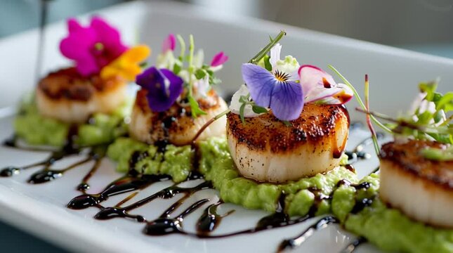 Seared scallops on pea puree with flowers and balsamic glaze on a white rectangular plate dish