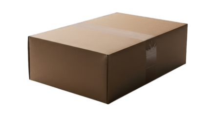 A closed cardboard box, light brownish-tan in color, rests on a dark background.  A strip of tape runs horizontally across the center.  The box's edges and corners are clearly defined