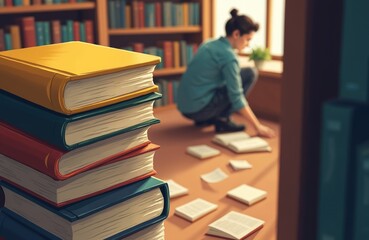 Person crouching in library picks up scattered books near tall stack. Shelves filled with books form background. Sunlight streams through window, illuminating scene of minor mishap and tidy-up.