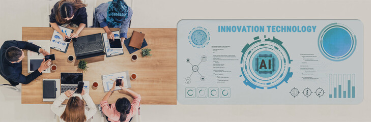 Innovation technology driven by Artificial Intelligence (AI). A concept of future tech development, machine learning, and business process automation. Motif