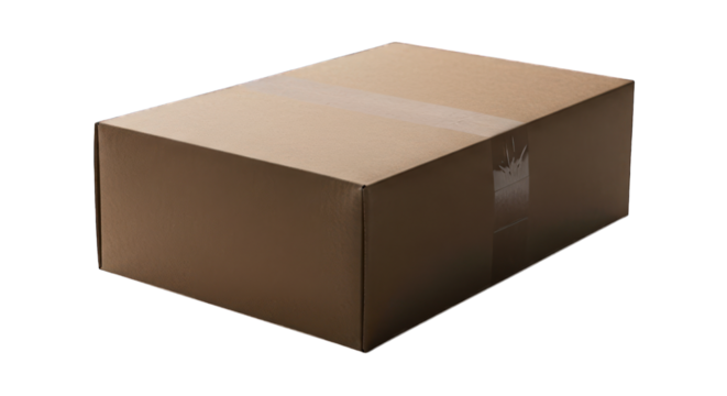 A closed cardboard box, light brownish-tan in color, rests on a dark background.  A strip of tape runs horizontally across the center.  The box's edges and corners are clearly defined